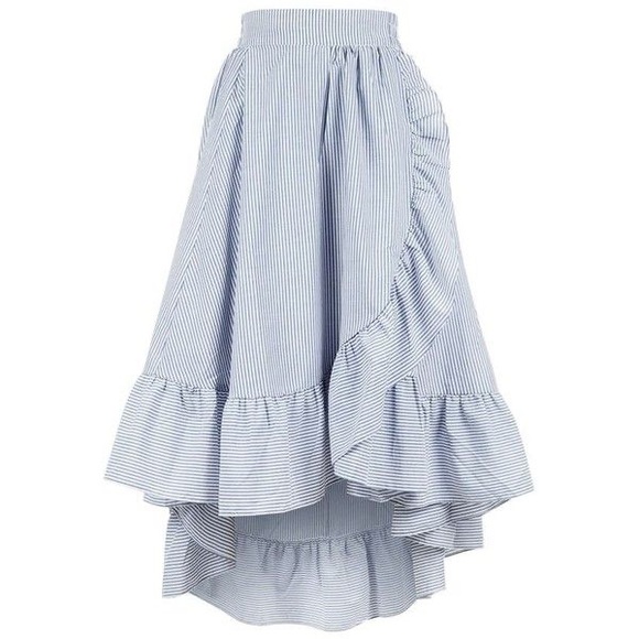 Maje Blue and White Striped Ruffled Wrap-Effect High-Low Maxi Skirt - Picture 3 of 13
